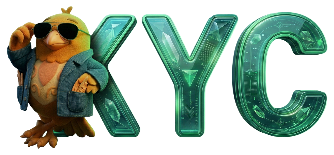 Zitto's bird mascot in sunglasses leaning against glowing KYC letters
